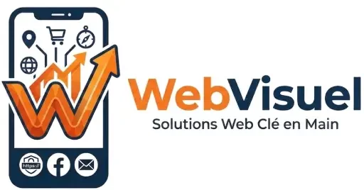 Logo WebVisuel avec smartphone et icônes sécurisées HTTPS, mail et réseaux sociaux. Expert en création de sites vitrines et e-commerce.